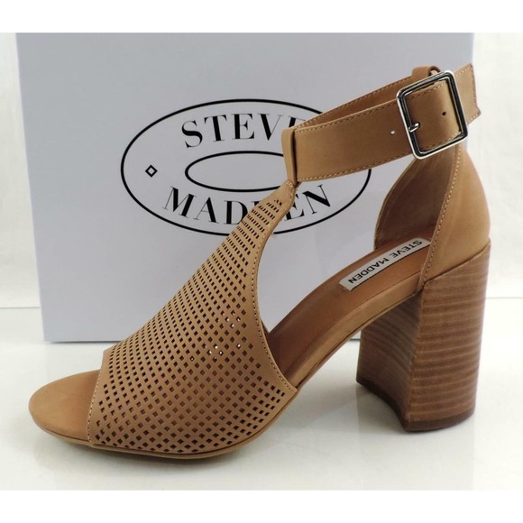 Steve Madden Sawyer Block Heel Sandals Perforated Leather Tan Nubuck Size 9.5 - Picture 6 of 7